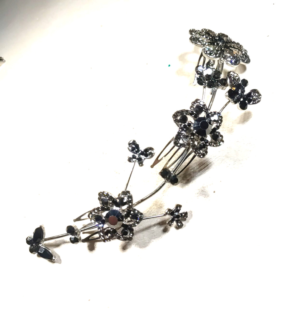 Fancy Party Prom Hair Barrette Comb Updo Silver Tone Black Rhinestone